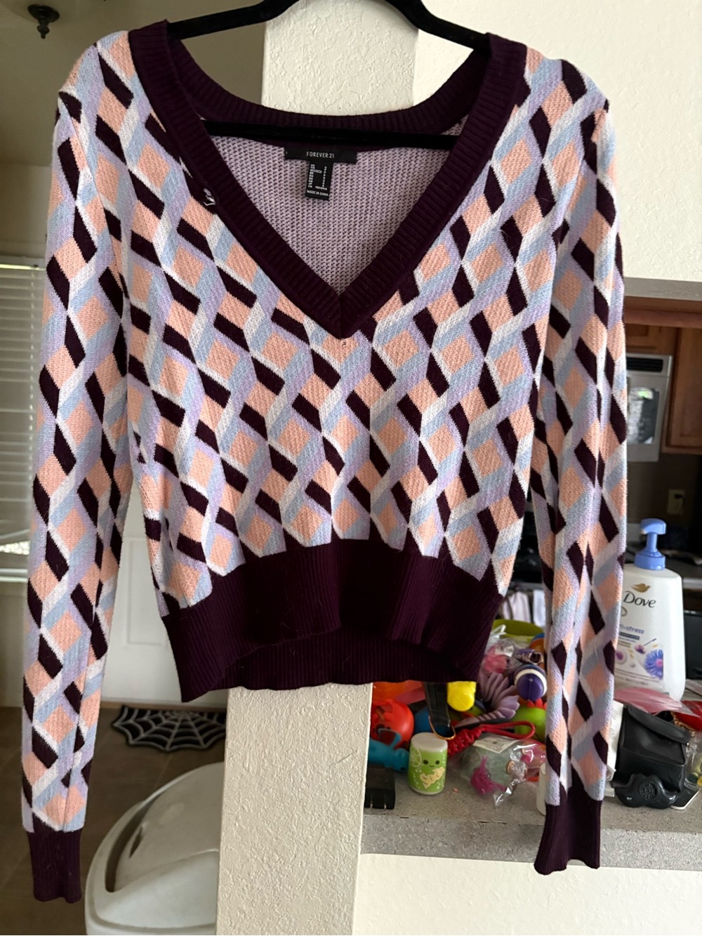 Forever 21 Plum, Light Pink & Lavender Geometric V-Neck Sweater